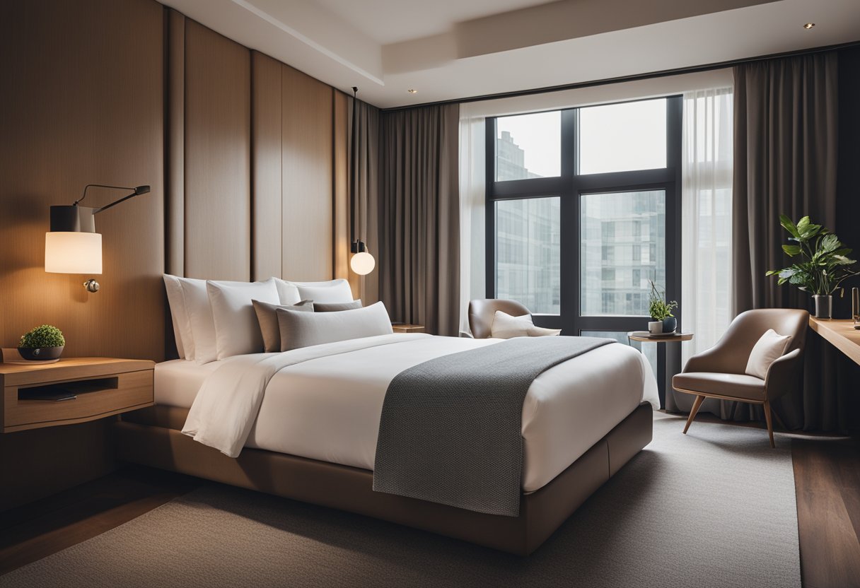 A cozy hotel bedroom with modern decor, featuring a comfortable bed with crisp white linens, a stylish desk area, and large windows letting in natural light