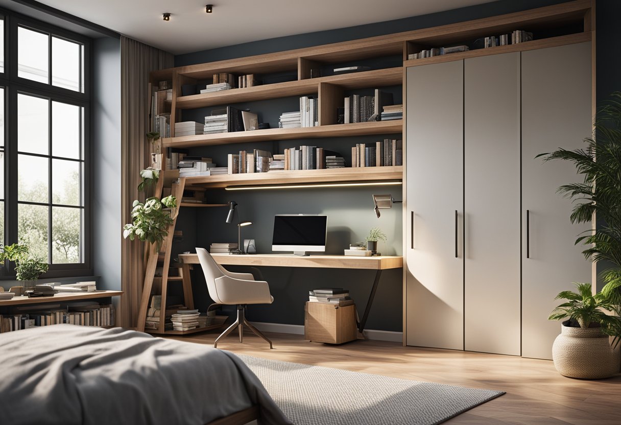 A bedroom with a study area featuring a sleek desk, ergonomic chair, bookshelves, and a large window with natural light streaming in