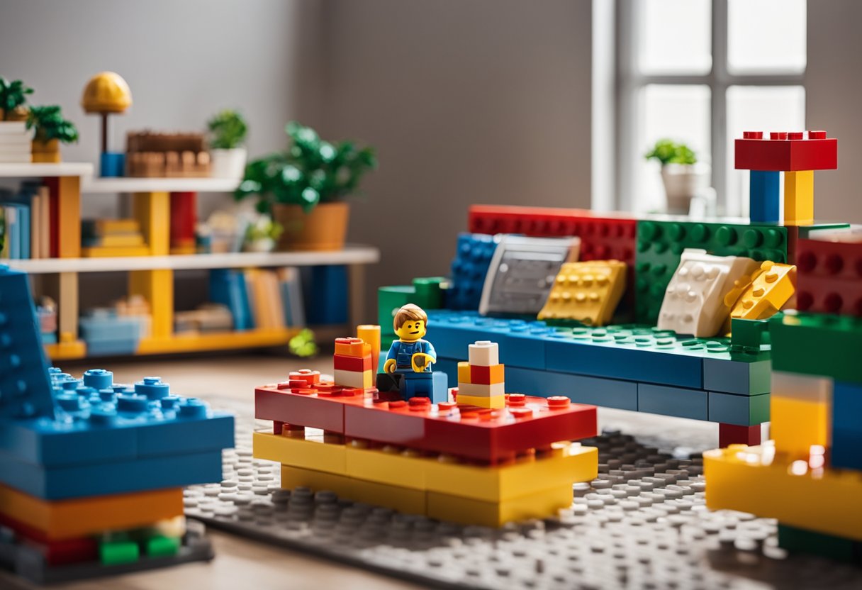 A colorful lego living room with a sofa, coffee table, and bookshelf. Brightly lit with large windows and a cozy rug on the floor