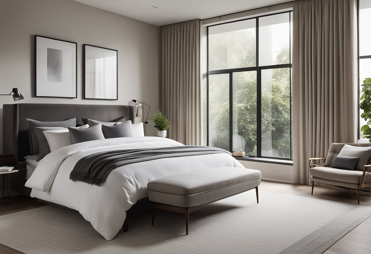 A sleek, minimalist bedroom with clean lines, neutral colors, and modern furniture. Large windows let in natural light, highlighting the sleek design