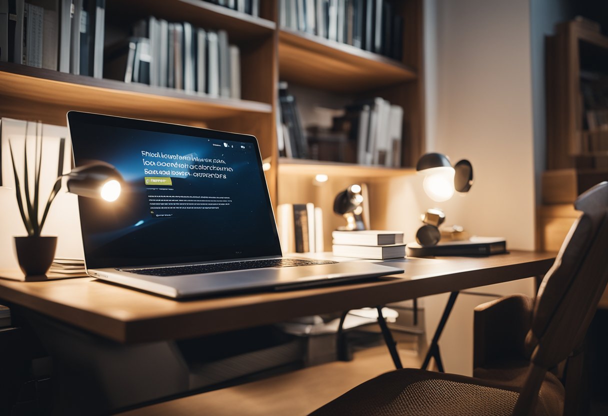 A desk with a laptop and books, a comfortable chair, good lighting, and storage for study materials in a neatly organized bedroom