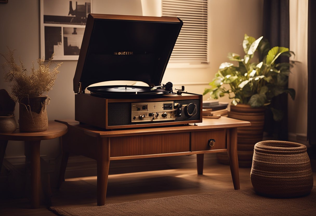 A cozy, dimly lit room with rich, warm colors and vintage furniture. A record player sits on a side table, filling the space with smooth jazz music