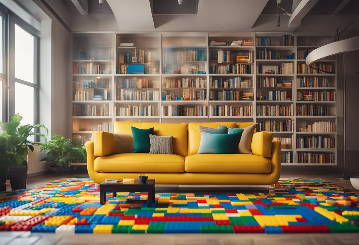 A modern living room with a large Lego-built sofa, coffee table, and bookshelf. The walls are adorned with Lego art and the floor is covered in a colorful Lego rug