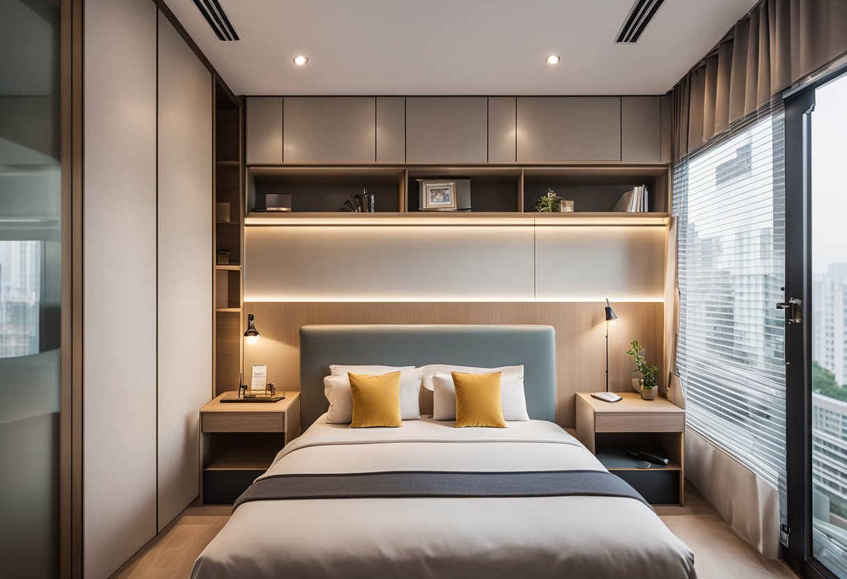 A spacious 5-room HDB bedroom with modern design features and ample storage. Bright lighting and clean lines create a minimalist yet cozy atmosphere