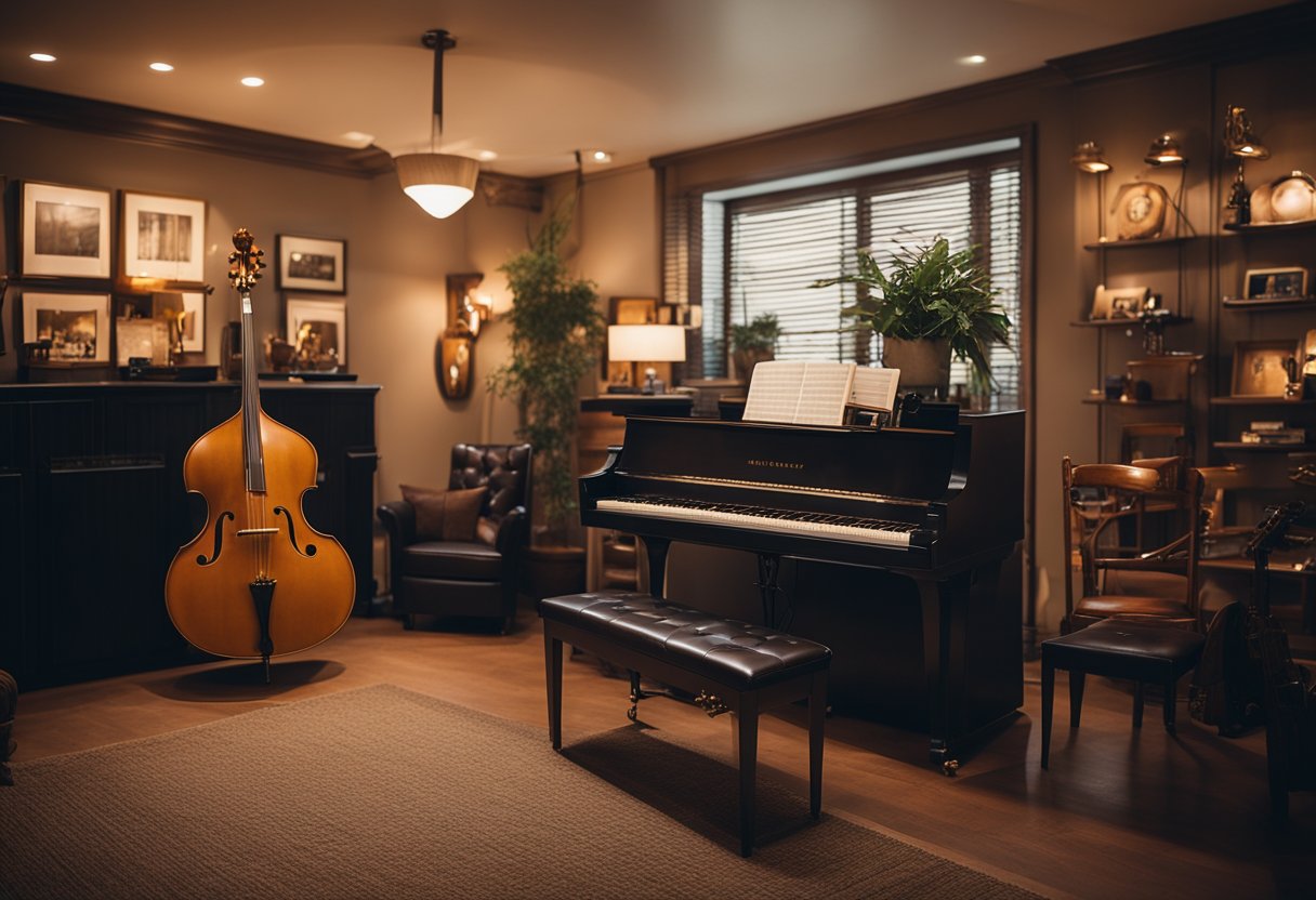 A cozy jazz-themed interior with warm lighting, vintage furniture, and musical instruments as decor. Subtle nods to famous jazz musicians and album covers adorn the walls