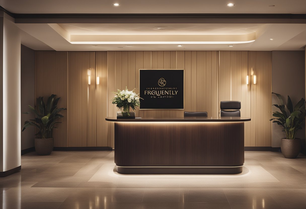 A serene spa interior with soft lighting, plush seating, and calming earth tones. A reception desk with a stack of brochures and a sign displaying "Frequently Asked Questions."