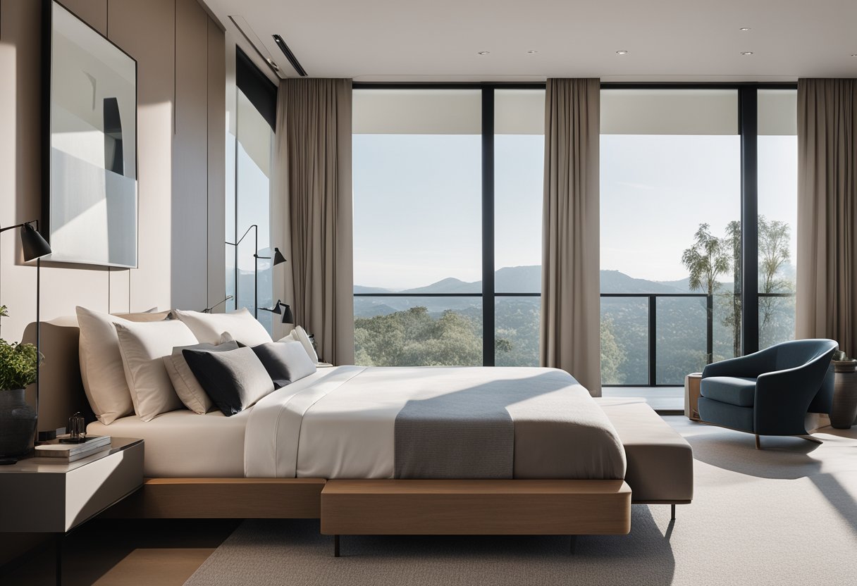 A classic modern bedroom with clean lines, neutral colors, and minimalistic furniture. A sleek platform bed sits against a backdrop of floor-to-ceiling windows, with a cozy reading nook in the corner
