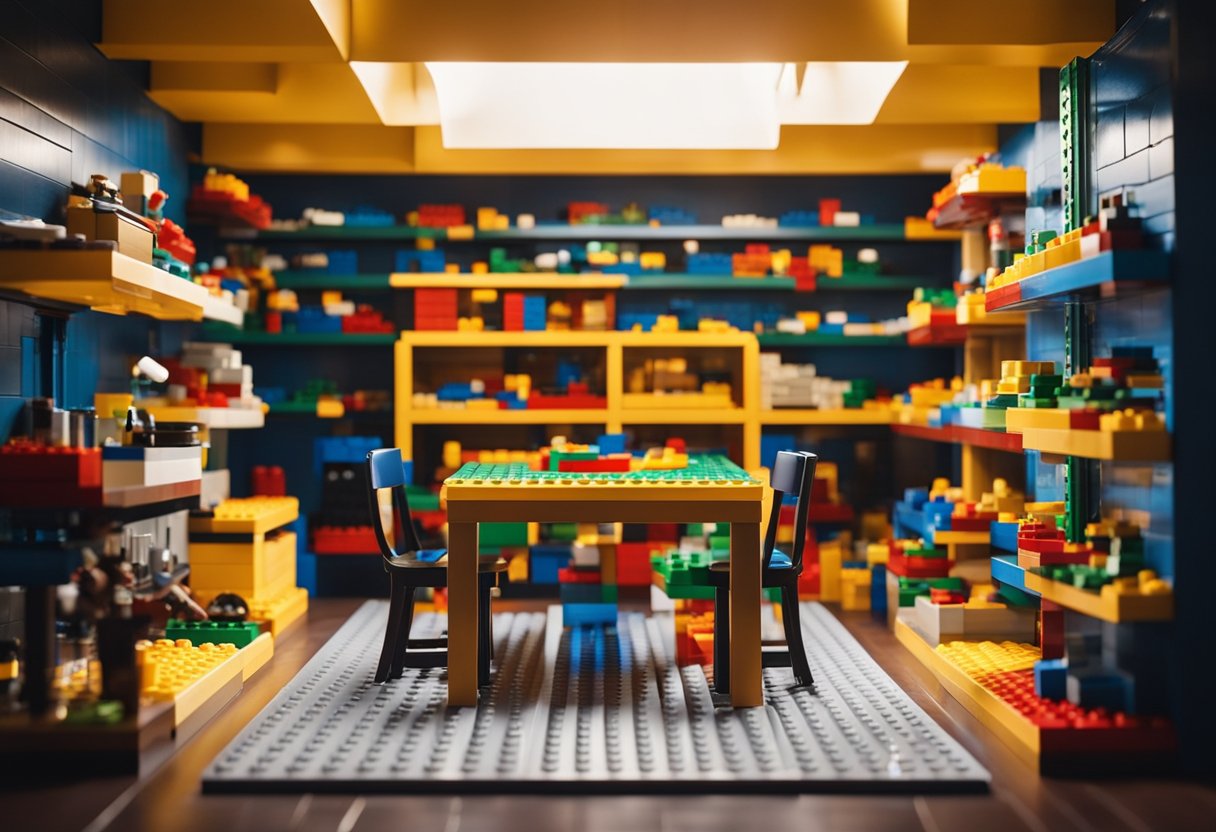 A colorful LEGO room with shelves of neatly organized bricks and a table with a half-built structure. Bright lighting and a cozy atmosphere
