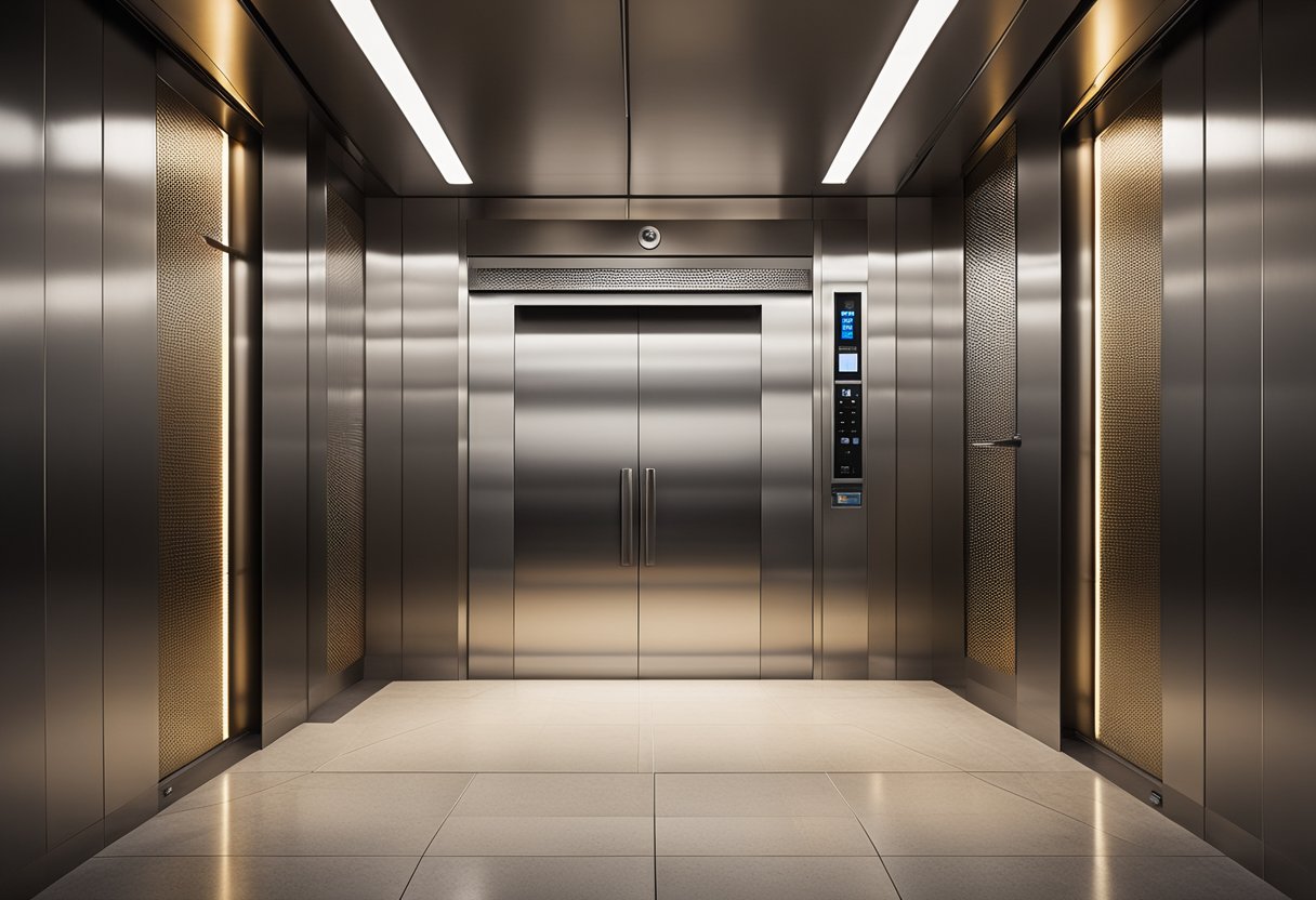 The elevator interior features sleek metallic panels, soft ambient lighting, and a digital display panel