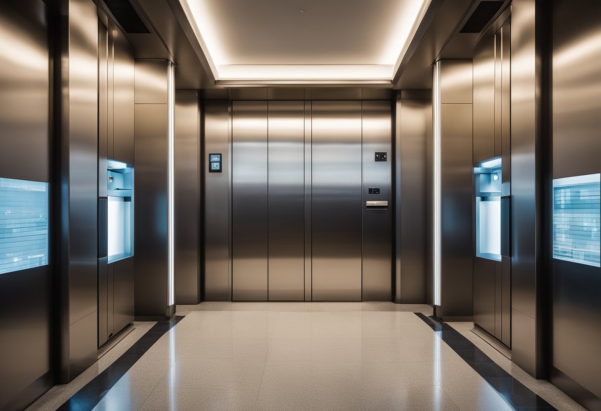 The elevator interior features sleek, modern lines and a minimalist color palette. The lighting is soft and ambient, creating a calming atmosphere