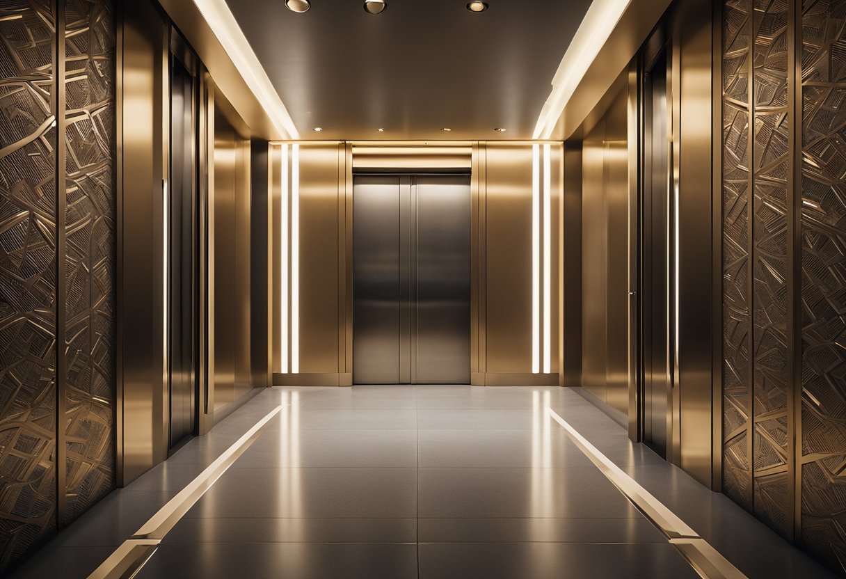 The elevator interior features sleek, customizable panels and innovative lighting, creating a modern and sophisticated design