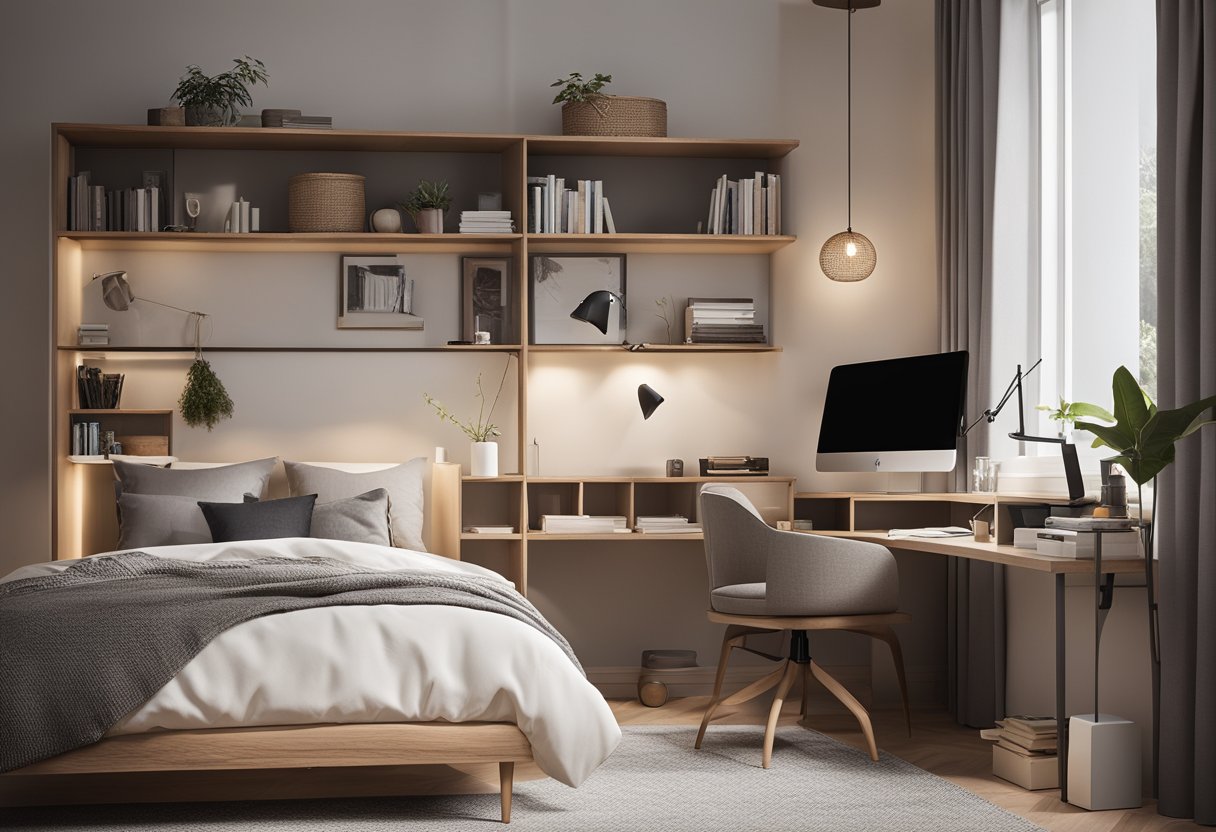 A cozy bedroom with a study area featuring a desk, bookshelves, and a comfortable chair. The room is well-lit with natural light and has a modern, minimalist design