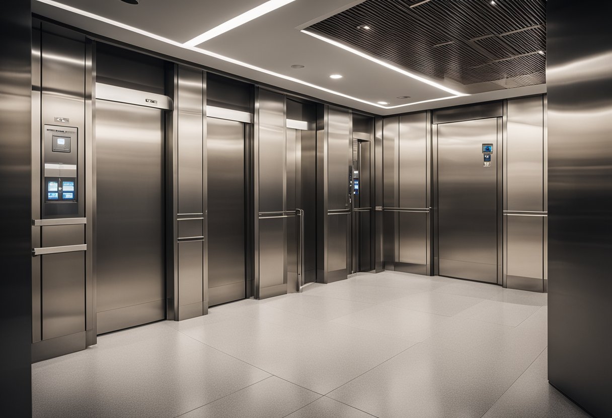 The elevator interior features sleek, modern design with a minimalist color scheme. The walls are adorned with informative posters and graphics, providing answers to common questions