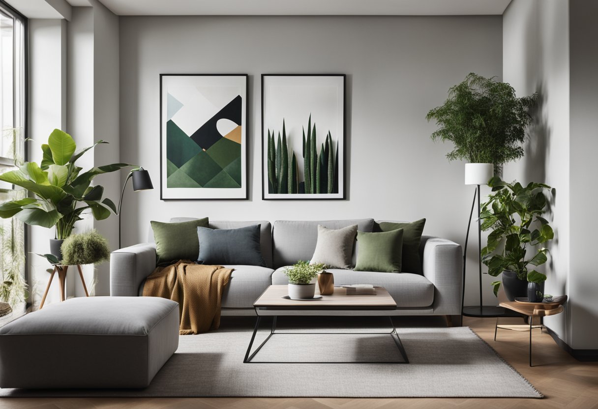 A modern living room with a sleek gray sofa, geometric coffee table, and abstract wall art. A large window lets in natural light, and plants add a touch of greenery
