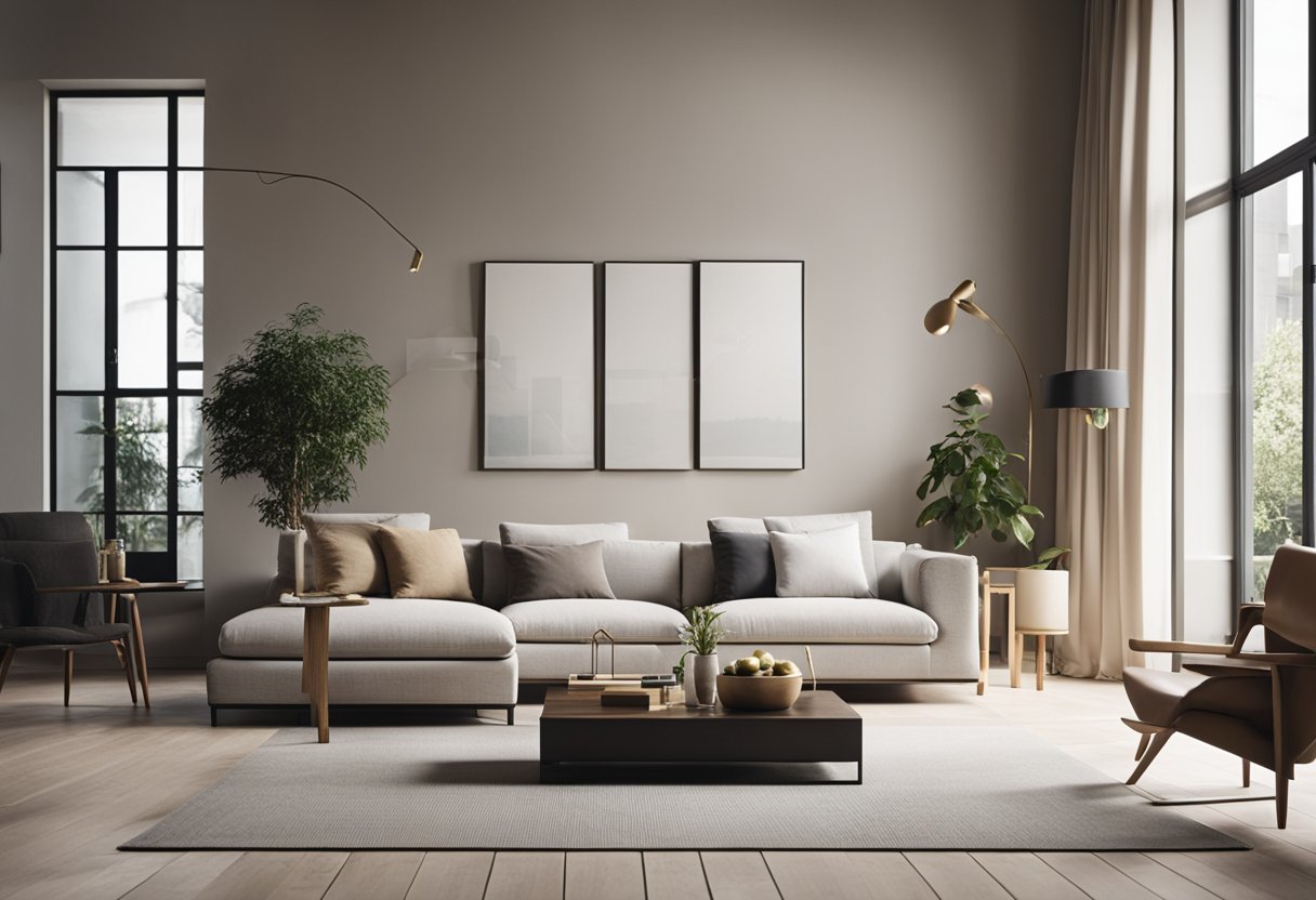 A modern living room with minimalist furniture, neutral colors, and natural light streaming in through large windows