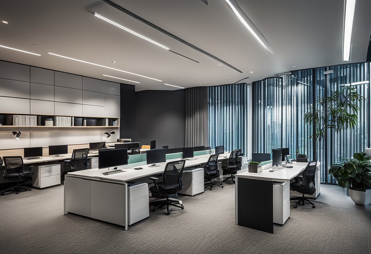 A modern office space with sleek furniture, vibrant color schemes, and innovative design elements showcasing mm interior design expertise and services