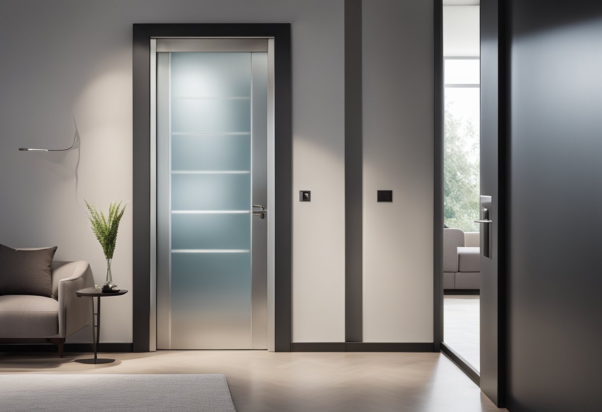 A sleek, minimalist bedroom door with a frosted glass panel and a brushed metal handle. The door is set within a clean, contemporary frame, with smooth, unadorned surfaces