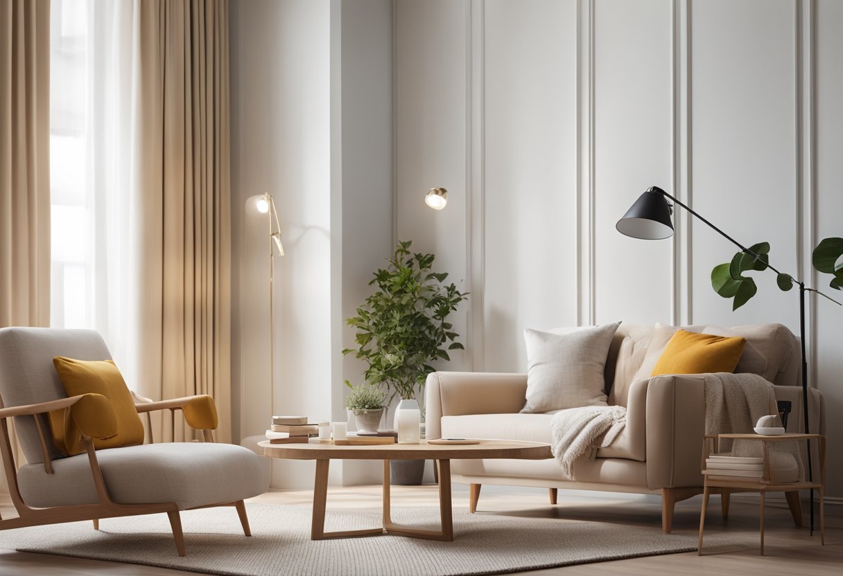 A bright, minimalist living room with clean lines, natural materials, and pops of color. A cozy reading nook with a plush armchair and soft lighting