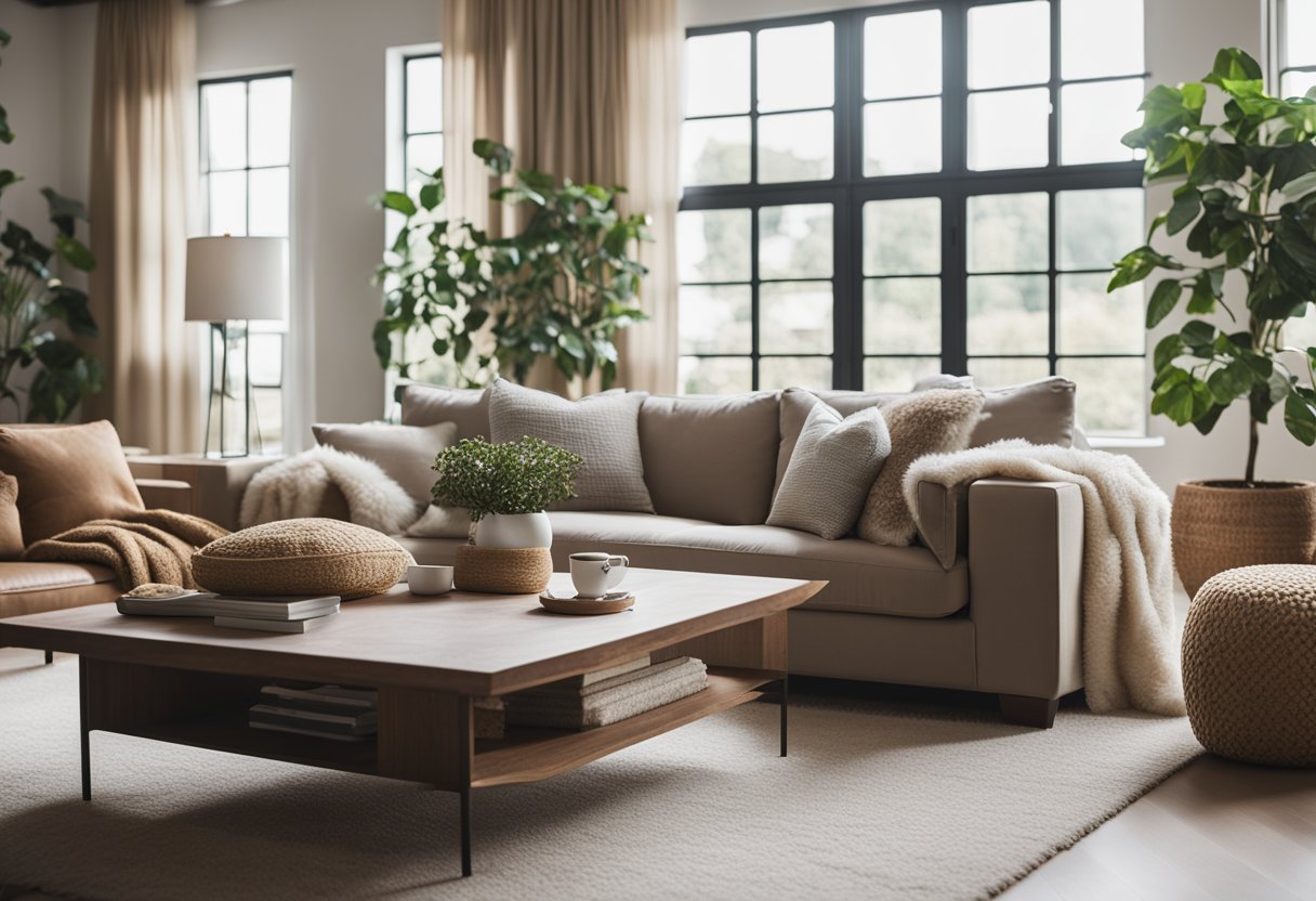 A cozy living room with a plush sofa, coffee table, and soft rug. Large windows let in natural light, and decorative accents add personality to the space