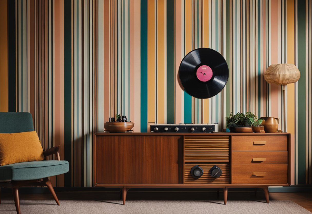 A vintage living room with mid-century furniture, bold patterns, and vibrant colors. A record player sits on a teak sideboard, while geometric wallpaper adorns the walls