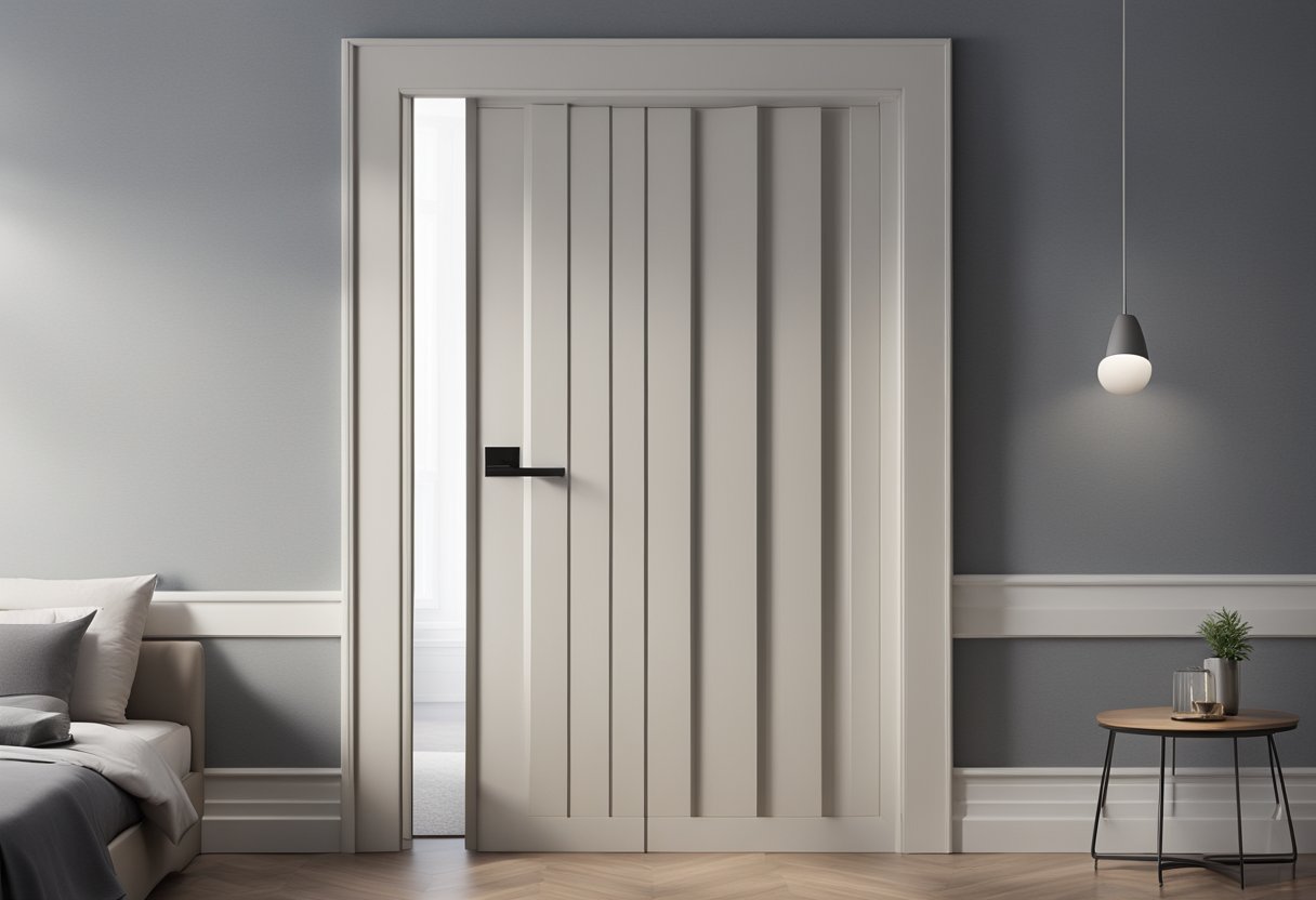 A sleek, minimalist bedroom door with clean lines and a smooth, matte finish. The handle is simple and modern, adding a touch of elegance to the overall design