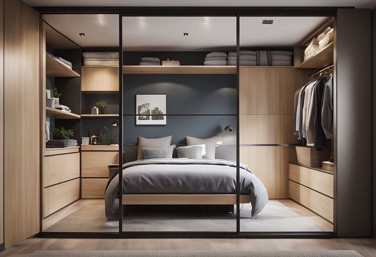 A cozy small bedroom with a built-in wardrobe featuring sliding doors, maximizing space. The wardrobe includes shelves, drawers, and hanging space, with a mirror on one of the doors for functionality and style