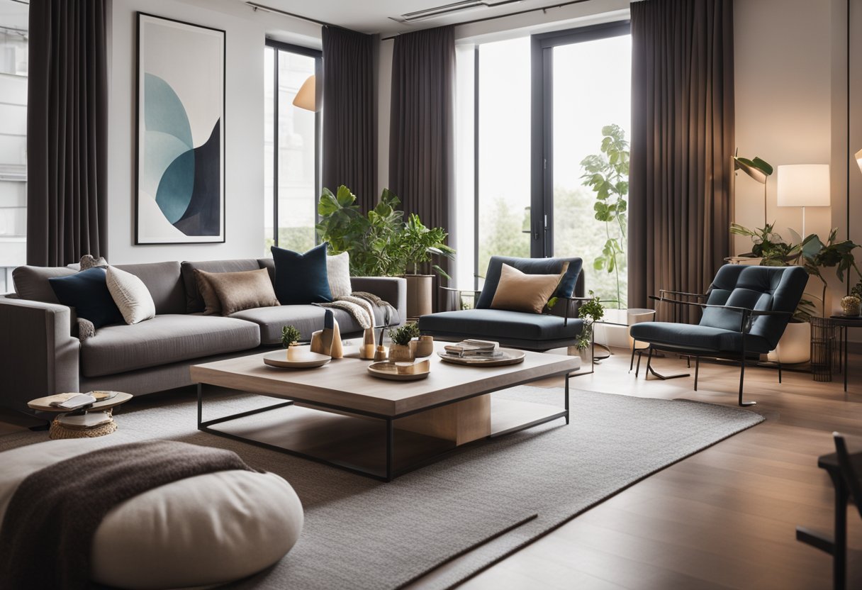 A modern living room with sleek furniture, warm lighting, and abstract art on the walls. A cozy seating area invites conversation and relaxation