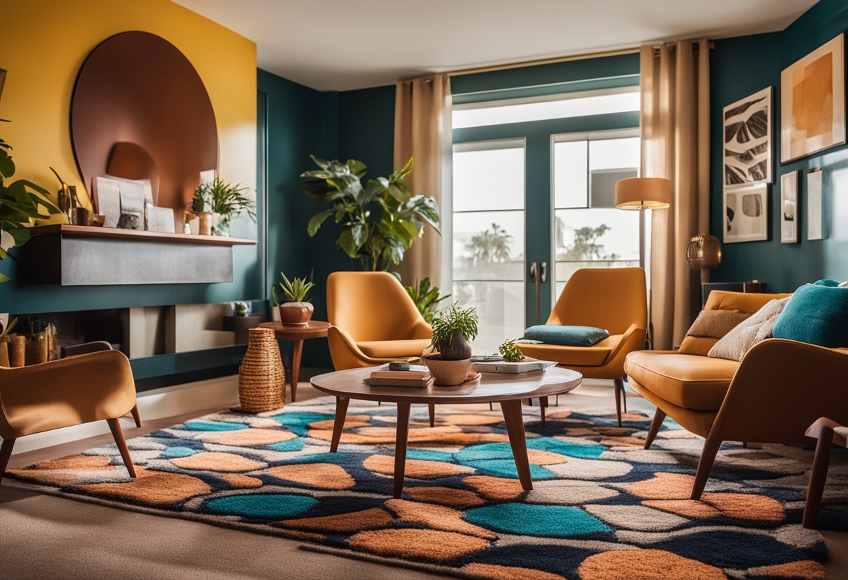 A cozy living room with bold patterns, mid-century furniture, and vibrant colors. A shag rug and lava lamp add to the retro vibe