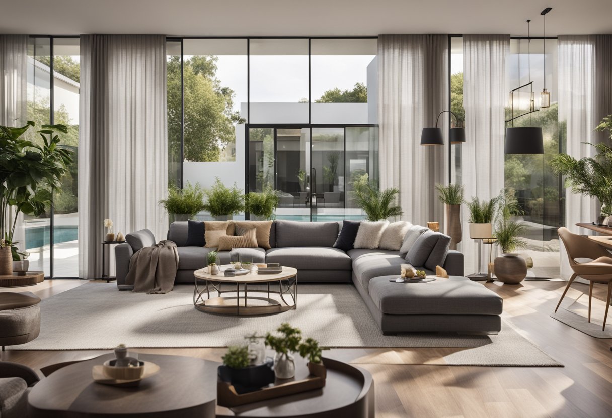 A sleek, open-concept living room flows into a spacious kitchen with state-of-the-art appliances. Large windows flood the space with natural light, and a sliding glass door leads to a private backyard oasis
