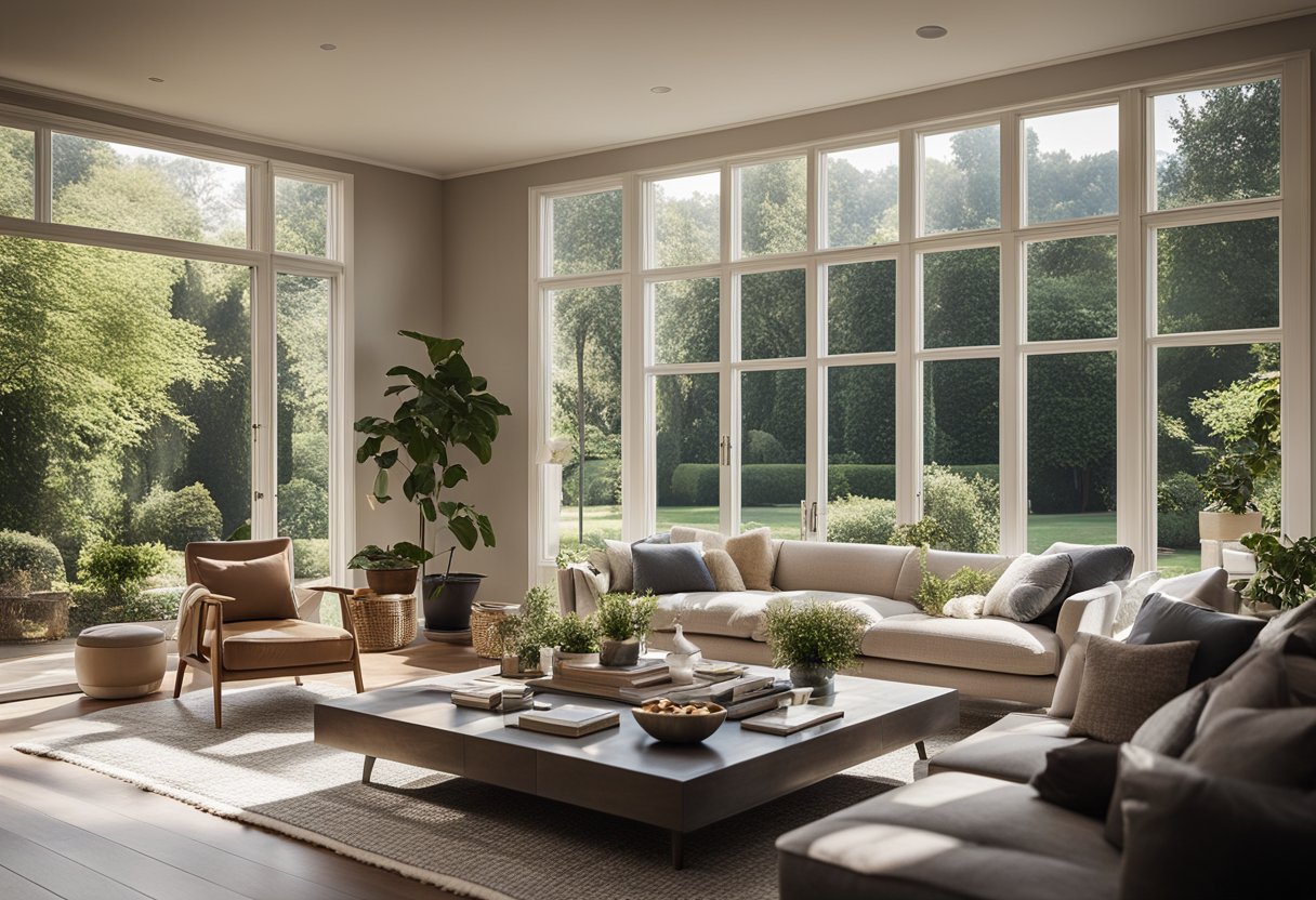 A spacious living room with a cozy sofa, coffee table, and large windows overlooking a garden. A fireplace and bookshelves add warmth and character to the room