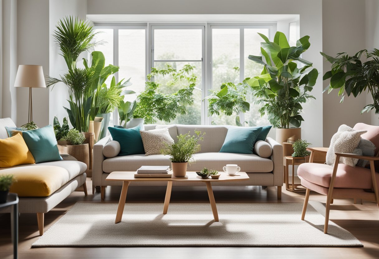 A bright, airy living room with modern furniture and pops of color. A large window lets in natural light, and plants add a touch of greenery