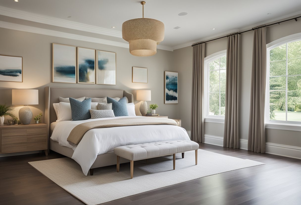 A spacious master bedroom with a king-sized bed, a cozy reading nook, and a large window overlooking a serene garden. The room is decorated in neutral tones with pops of color in the accent pillows and artwork