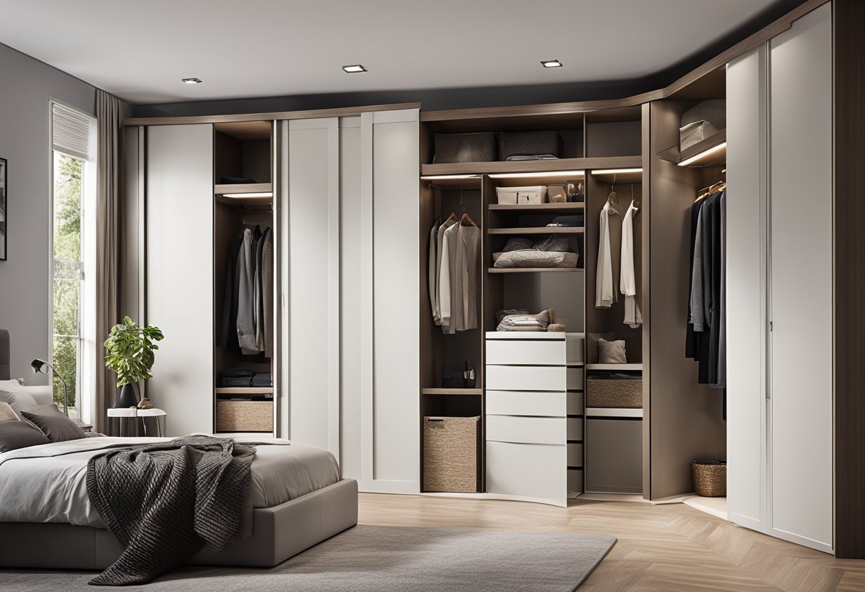 A small bedroom with a built-in wardrobe maximizing space with sliding doors and integrated storage solutions