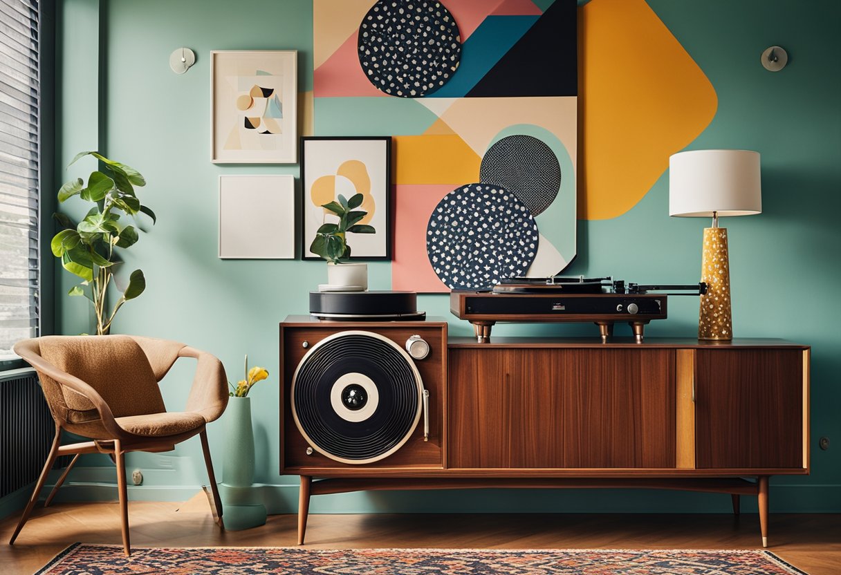 A modern living room with vintage furniture, bold patterns, and bright colors. A record player sits on a mid-century sideboard, while geometric prints adorn the walls