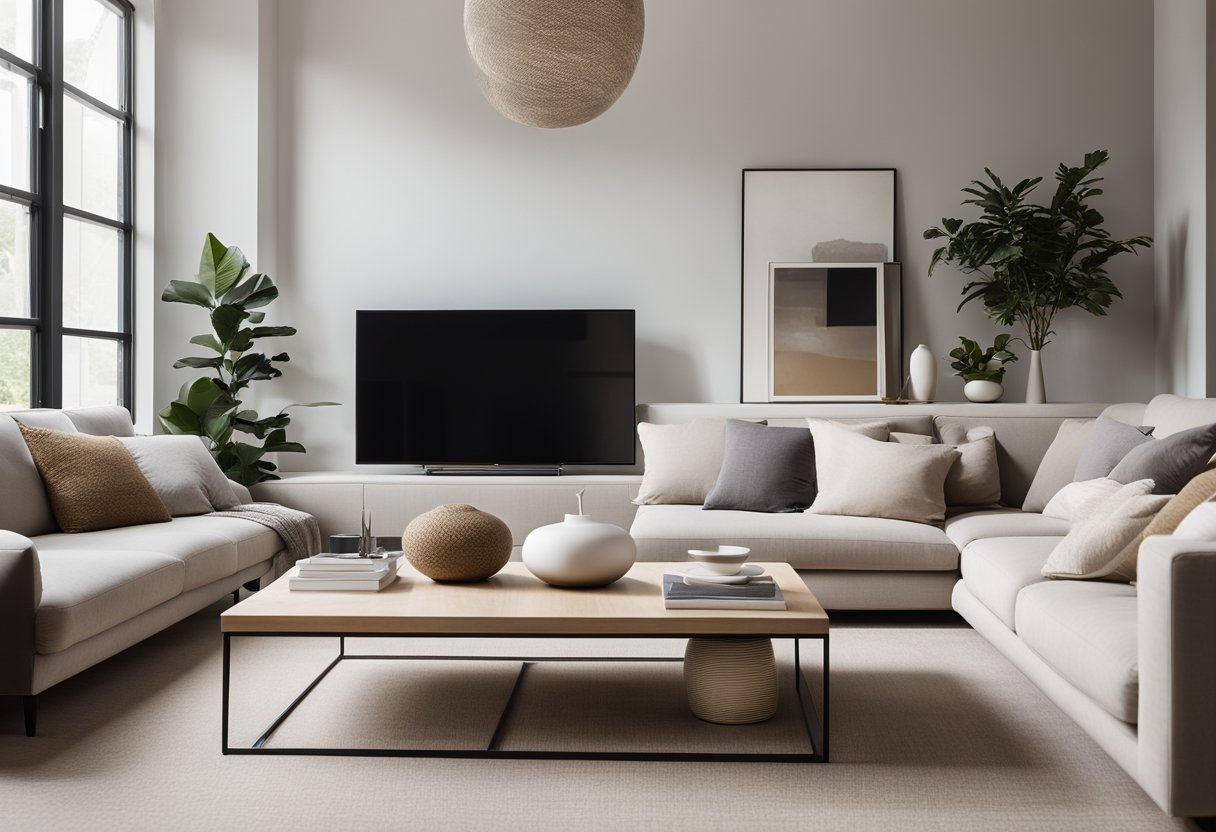 A spacious, uncluttered living room with clean lines, neutral colors, and natural light streaming through large windows. A simple, modern sofa and a few carefully selected decor pieces complete the minimalist look