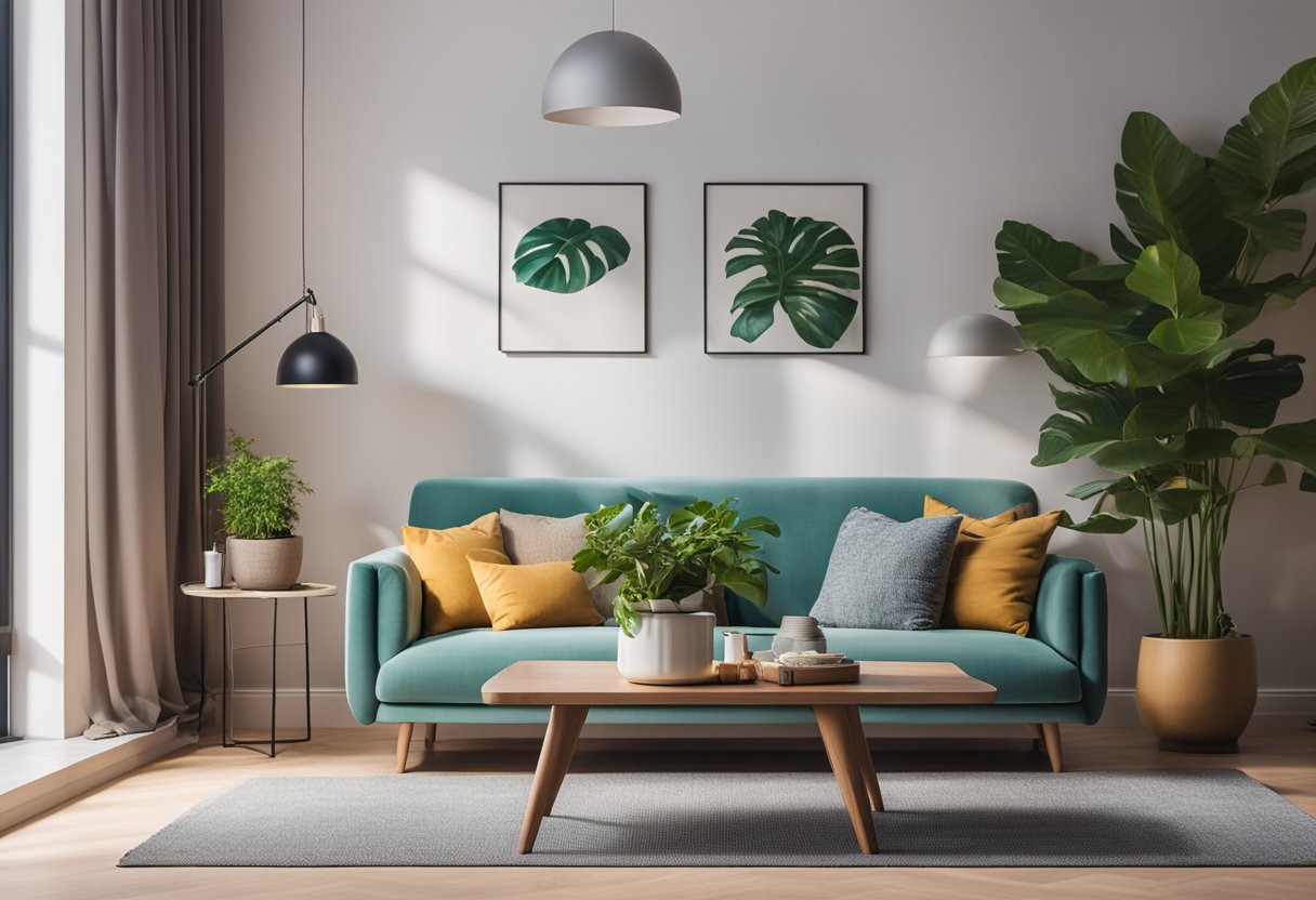 A cozy living room with a modern sofa, coffee table, and vibrant wall art. Plants and decorative objects add a touch of elegance to the space