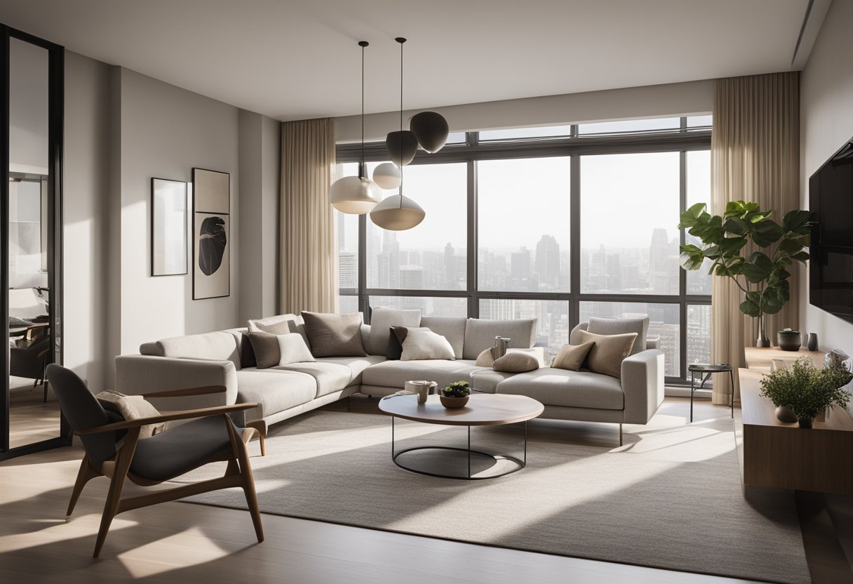 A sleek, minimalist modern condo interior with space-saving furniture, neutral color palette, and natural light streaming in through large windows
