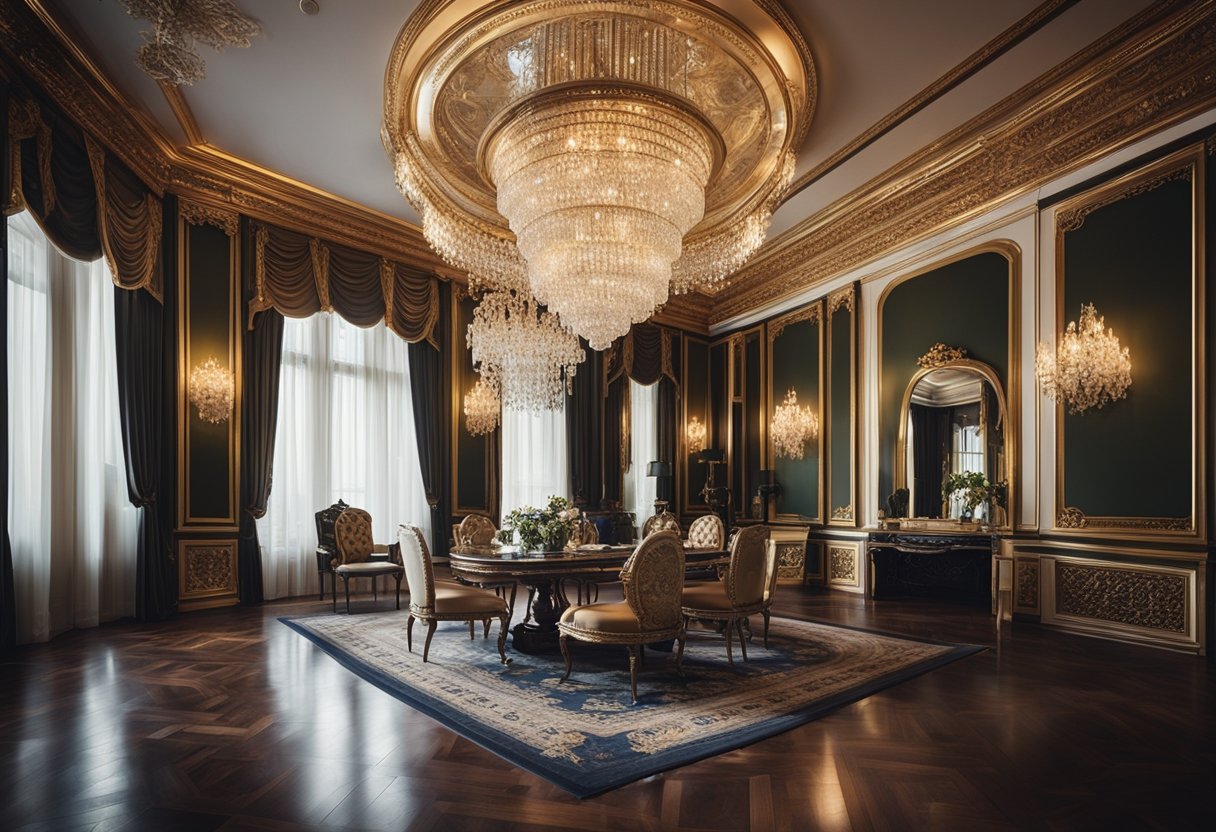 Luxurious interior with ornate furniture, crystal chandeliers, and intricate wall moldings. Rich colors and plush fabrics create an elegant and opulent atmosphere