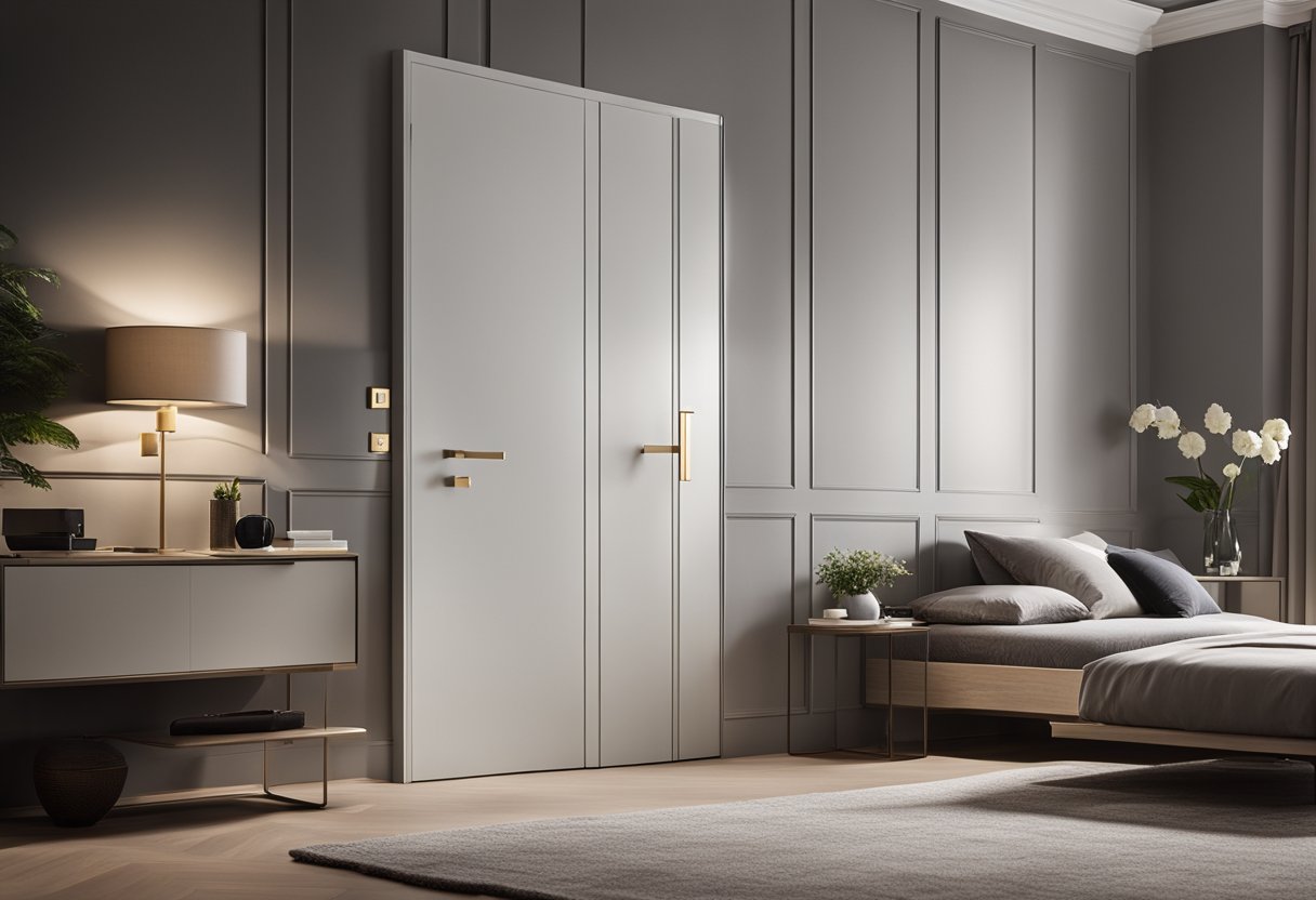 A modern bedroom door with sleek lines and minimalist handle, surrounded by contemporary decor and soft lighting