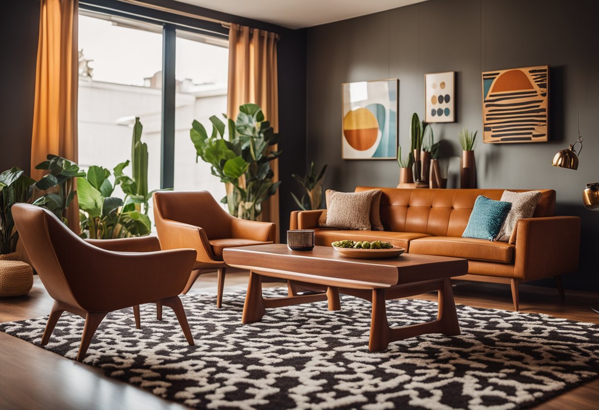 A cozy, 70s-inspired living room with bold patterns, shag rugs, and earthy tones. Vintage furniture, lava lamps, and geometric wall art complete the retro vibe