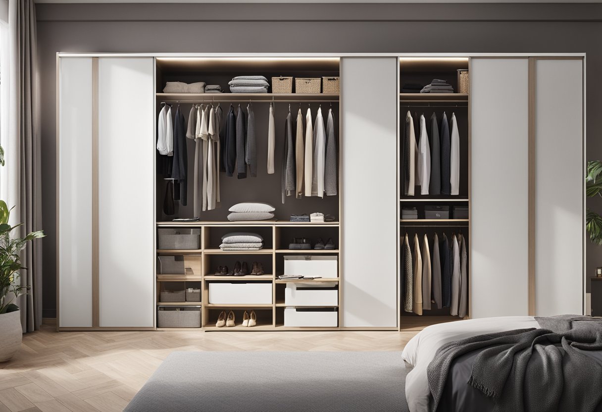 A neatly organized bedroom wardrobe with sliding doors, built-in shelves, and hanging rods maximizing space in a small room