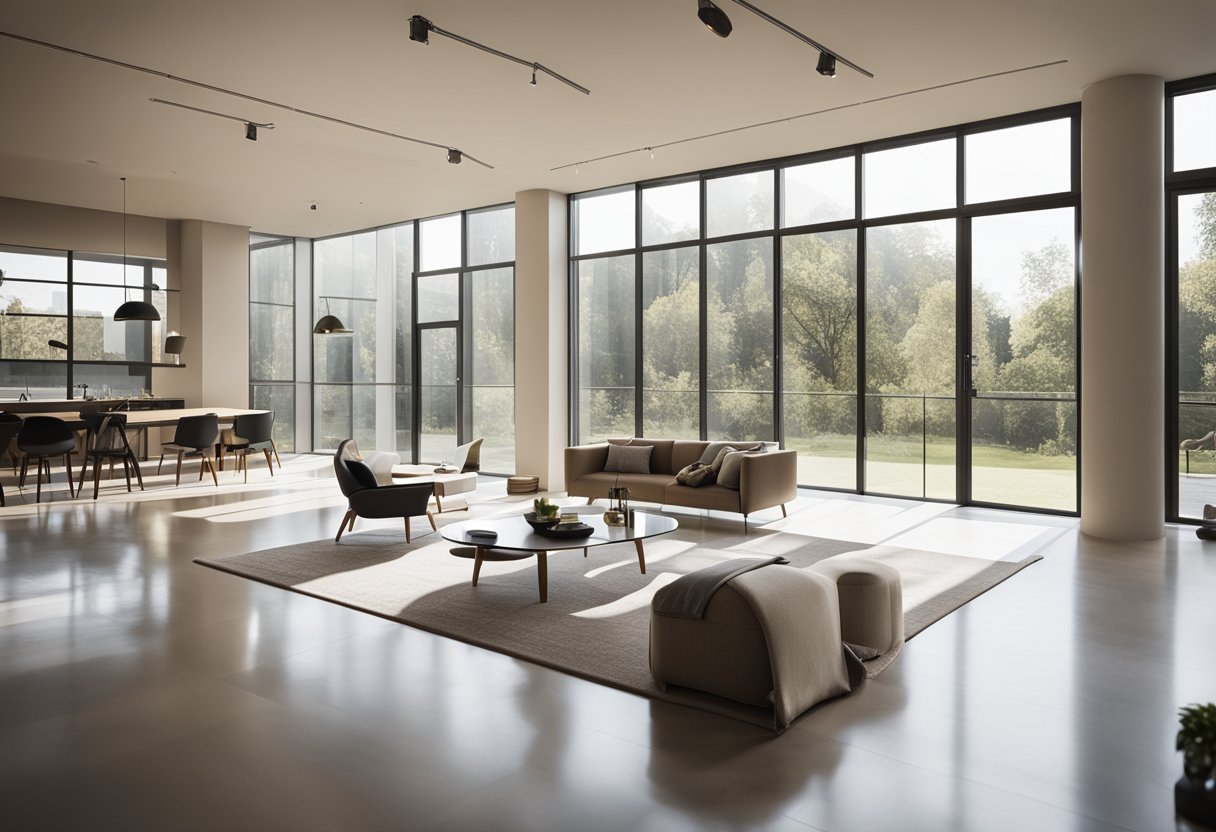 A spacious room with clean lines, neutral colors, and simple furniture. Natural light streams in through large windows, illuminating the uncluttered space