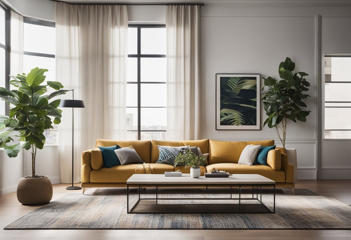 A modern living room with a cozy sofa, sleek coffee table, and vibrant accent pillows. A large window lets in natural light, showcasing a stylish rug and wall art