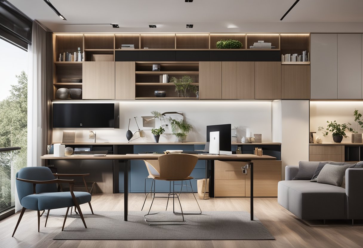 A modern condo with clever space-saving solutions, like built-in storage, multipurpose furniture, and sleek, minimalist design