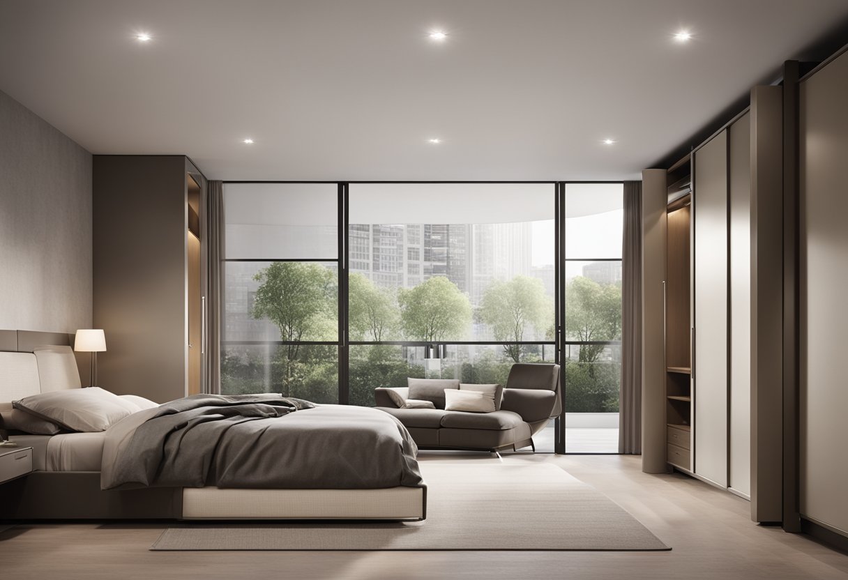 A spacious bedroom with a sleek, modern wardrobe featuring sliding doors and ample storage compartments. The wardrobe is positioned against a neutral-colored wall with soft lighting highlighting its elegant design
