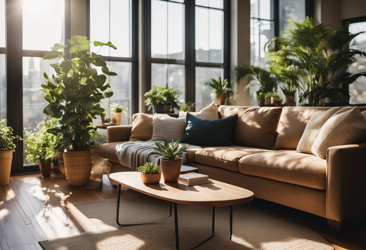 A cozy living room with a modern sofa, coffee table, and potted plants. Sunlight streams in through large windows, casting soft shadows on the hardwood floors