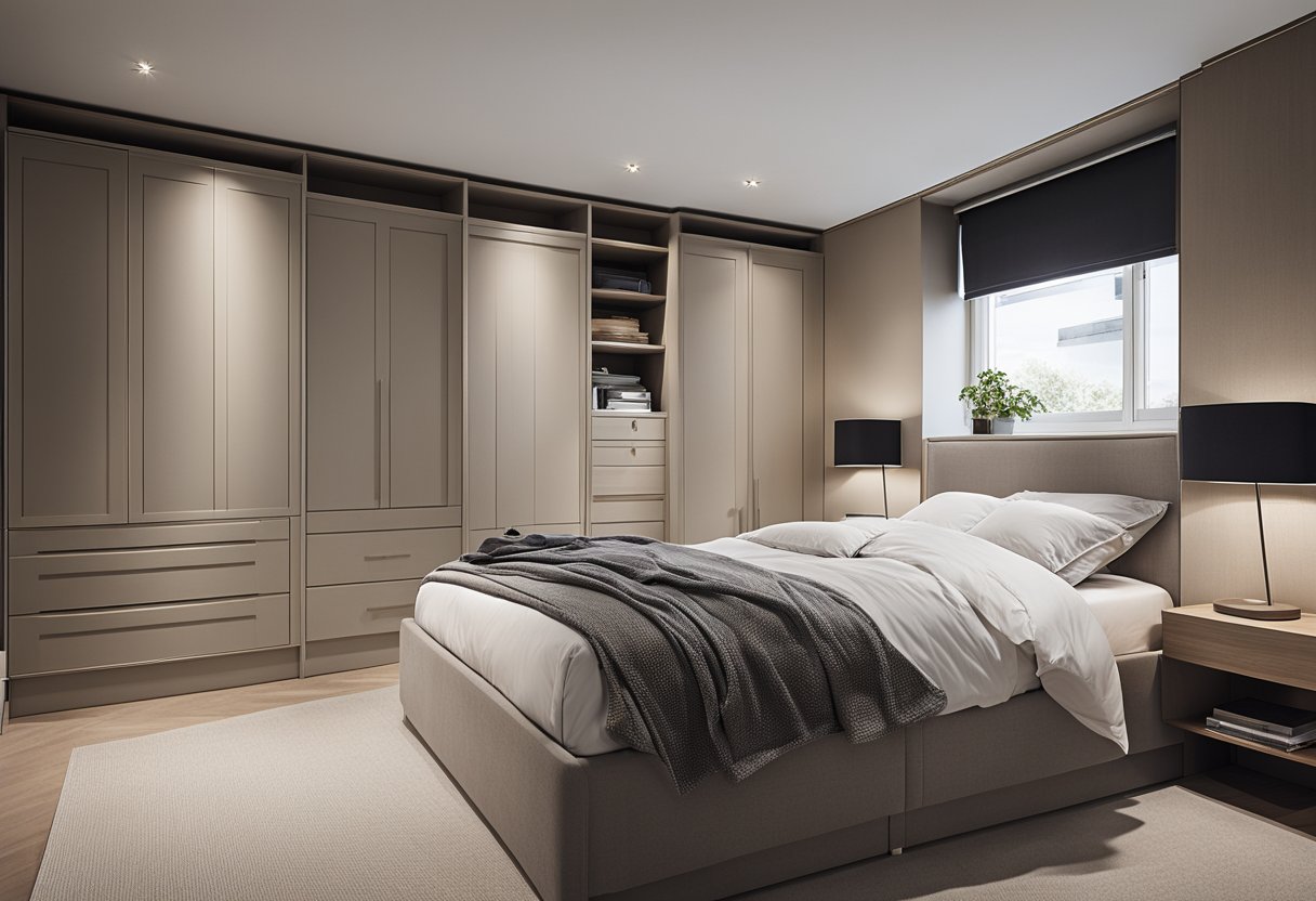 A small bedroom with clever storage solutions, like built-in wardrobes and under-bed drawers. Clean lines and neutral colors create a sense of space