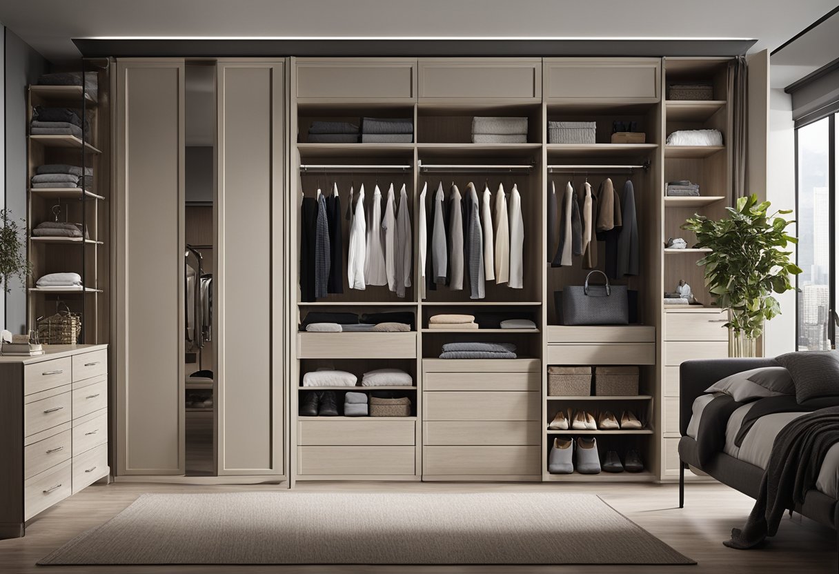 A spacious bedroom with a large walk-in closet filled with organized shelves, drawers, and hanging racks. The wardrobe is designed with a mix of open and closed storage to display and conceal clothing and accessories