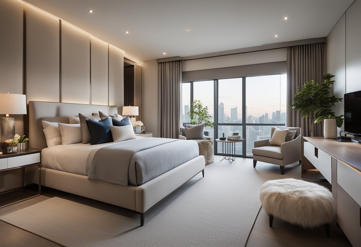 A spacious master bedroom with modern furnishings, soft lighting, and a neutral color palette. A large bed with luxurious bedding sits against a feature wall, while a cozy seating area and ample storage complete the design