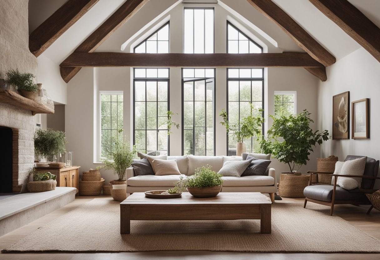 A cozy living room with exposed wooden beams, vintage furniture, and soft neutral colors. A brick fireplace adds warmth to the space, while natural materials like jute and linen create a relaxed, inviting atmosphere
